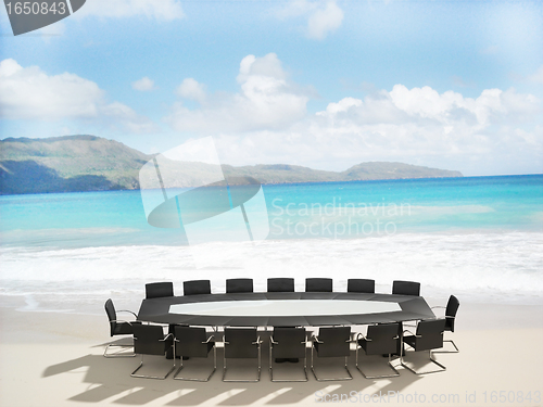 Image of 3D rendering of a Meeting table and chairs in the water of a Car