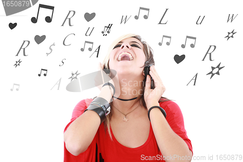 Image of Rock style woman with headphones listening to music 