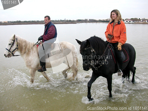 Image of couple and  horses in the sea