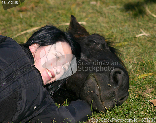 Image of horse laid down and riding girl