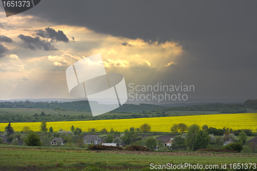 Image of sunset over the rape field  in Ukraine