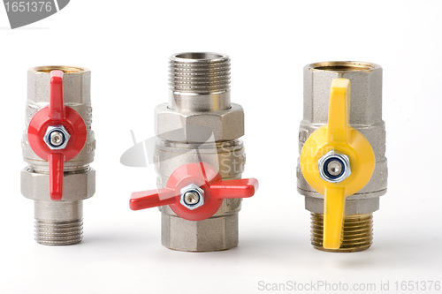 Image of three gas and water topcocks  ball valve on white background