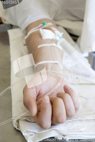 Image of close up of a patient's hand with intravenous injection