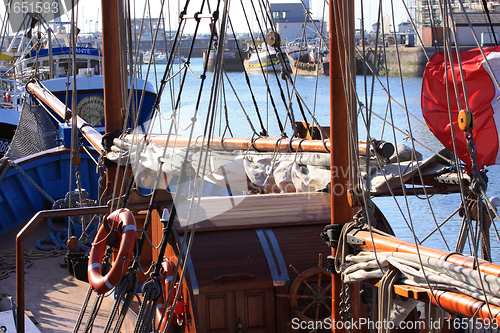 Image of details of an old fishing boat sailing out of wood