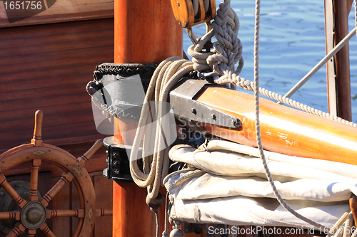 Image of details of an old fishing boat sailing out of wood