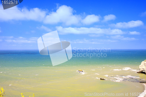 Image of Beach with cliff Falaise d'Aval. Normandy, Cote d'Albatre, France. 