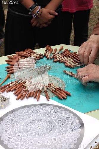 Image of Process of lace-making with bobbins 