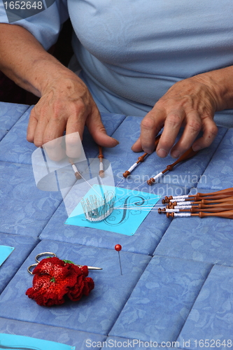 Image of Process of lace-making with bobbins 