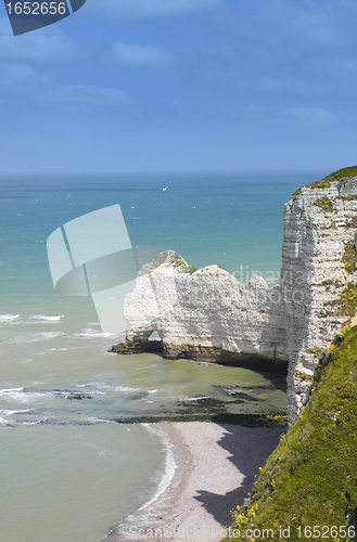 Image of Beach with cliff Falaise d'Aval. Normandy, Cote d'Albatre, France. 