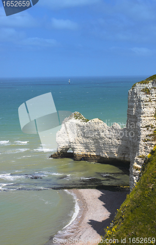 Image of Beach with cliff Falaise d'Aval. Normandy, Cote d'Albatre, France. 