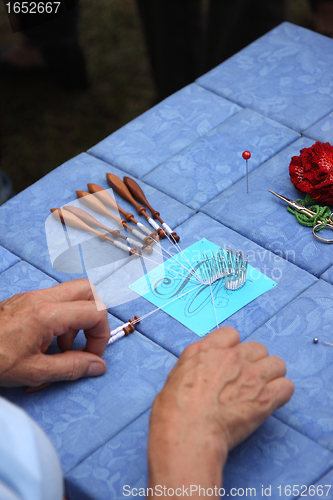 Image of Process of lace-making with bobbins 