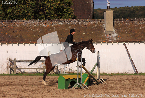 Image of horse and rider has a jumping contest