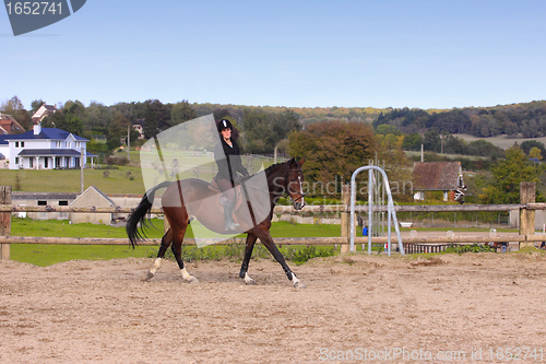 Image of pretty young woman rider in a competition riding