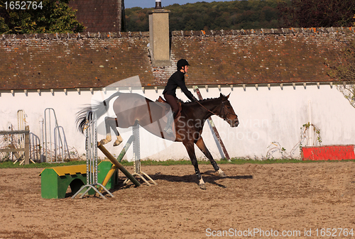 Image of horse and rider has a jumping contest