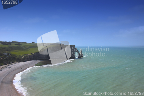 Image of Beach with cliff Falaise d'Aval. Normandy, Cote d'Albatre, France. 