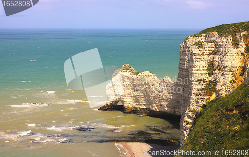 Image of Beach with cliff Falaise d'Aval. Normandy, Cote d'Albatre, France. 