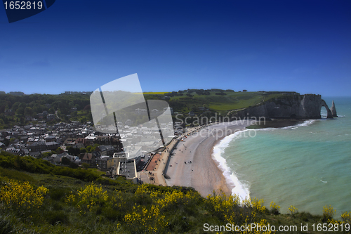 Image of Beach with cliff Falaise d'Aval. Normandy, Cote d'Albatre, France. 