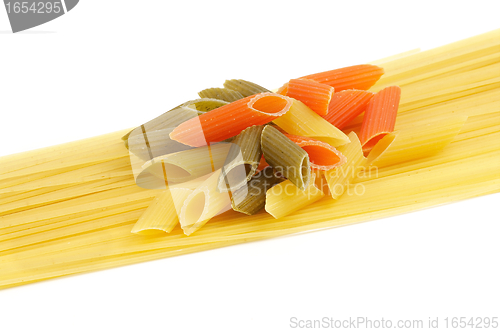 Image of Italian pasta spaghetti and Penne rigate tricolore