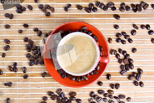 Image of Cup of coffee with roasted beans