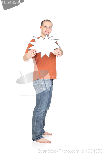 Image of Young man holds a blank card