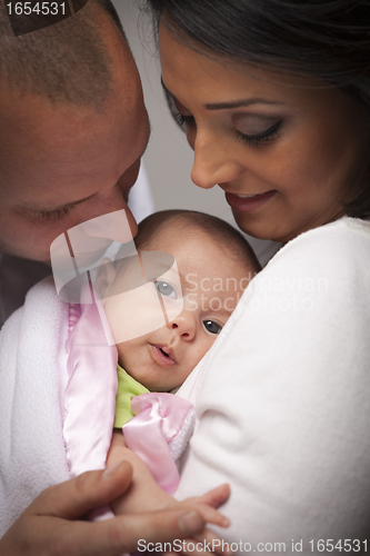 Image of Mixed Race Young Family with Newborn Baby