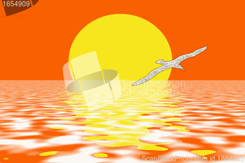 Image of Beach and seagulls in sunset colors