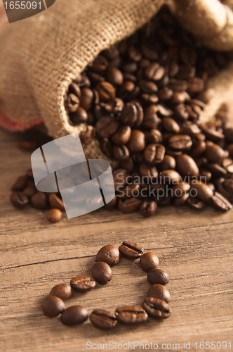 Image of Grains of coffee on a wooden surface