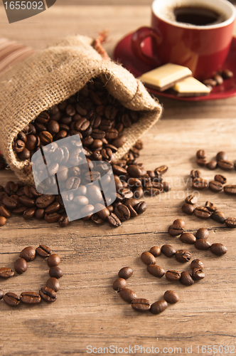 Image of Grains of coffee on a wooden surface