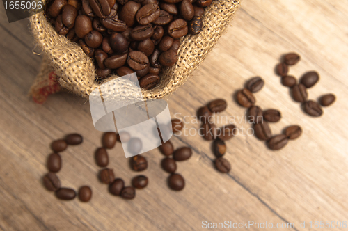 Image of Grains of coffee on a wooden surface