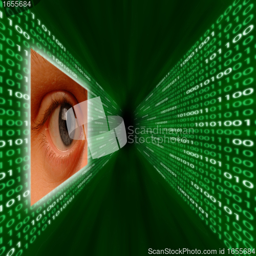 Image of An eye monitoring a corridor of binary code