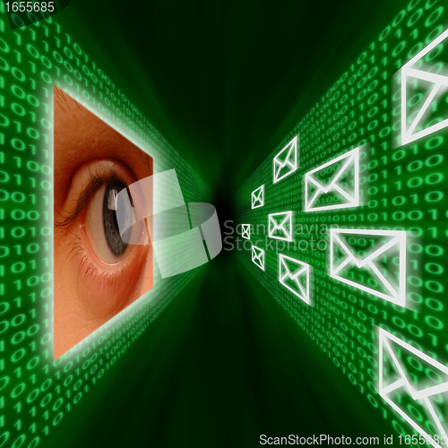 Image of An eye monitoring emails and binary code