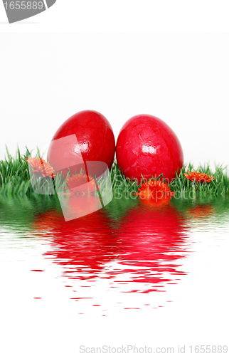 Image of Beautiful decoration with red Easter eggs