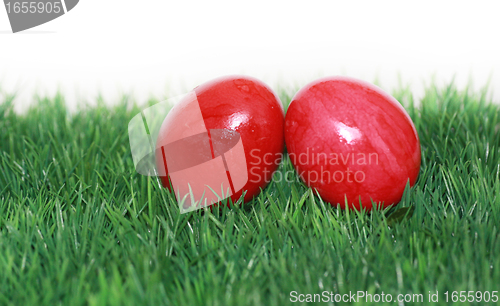 Image of Red Easter eggs in the focus