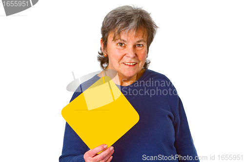 Image of Female senior holding blank label