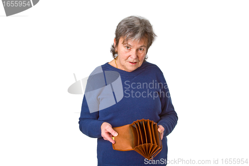 Image of Female senior showing empty wallet