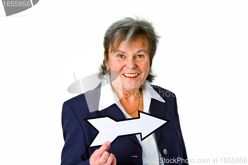 Image of Female senior with blank arrow