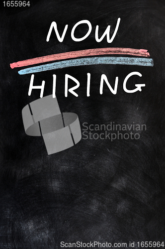 Image of Now hiring - blank advertising on a blackboard 