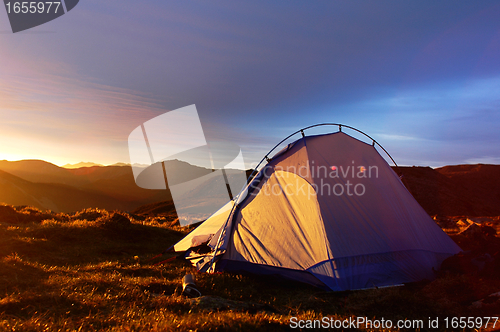 Image of Camping tent in the morning sunlight