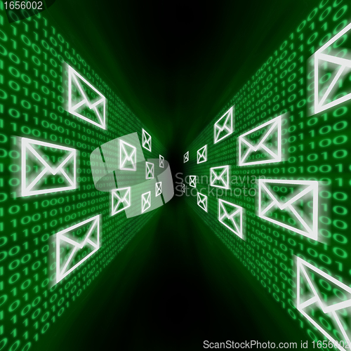 Image of E-mail icons flying along walls of binary code