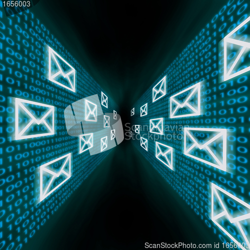 Image of E-mail icons flying along walls of binary code