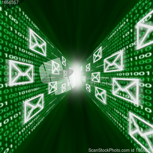 Image of E-mail icons flying along walls of binary code