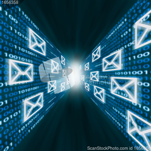 Image of E-mail icons flying along walls of binary code