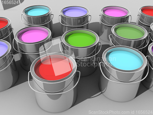 Image of Paint buckets with various colored paint 