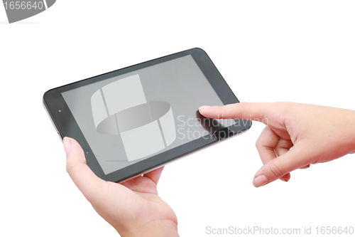 Image of Woman hands holding and pointing on contemporary digital frame w