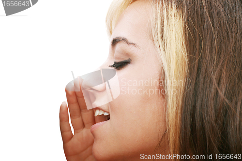 Image of Young businesswoman talking gossip, isolated on white 