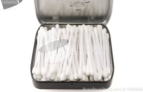 Image of Cotton sticks in open metal box