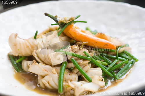 Image of Thai food, squid with chives and chili