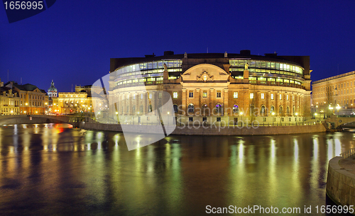 Image of Stockholm, Rigsdag, illuminated House of Parliament