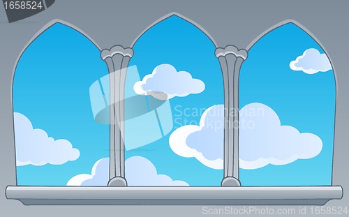 Image of Castle window view on blue sky