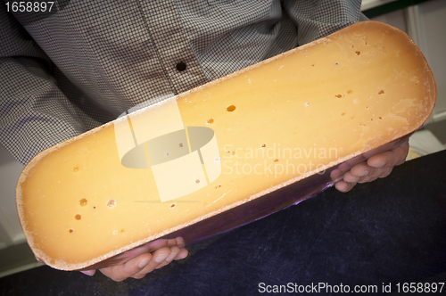 Image of Man holding a big Gouda Cheese